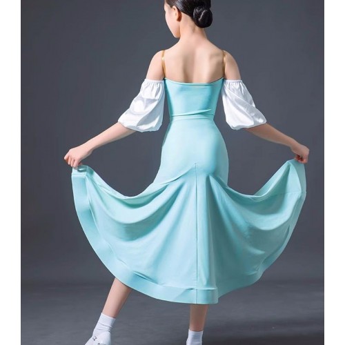 Light blue with white ballroom dance dresses for girls kids waltz tango foxtrot smooth dancing long gown for children